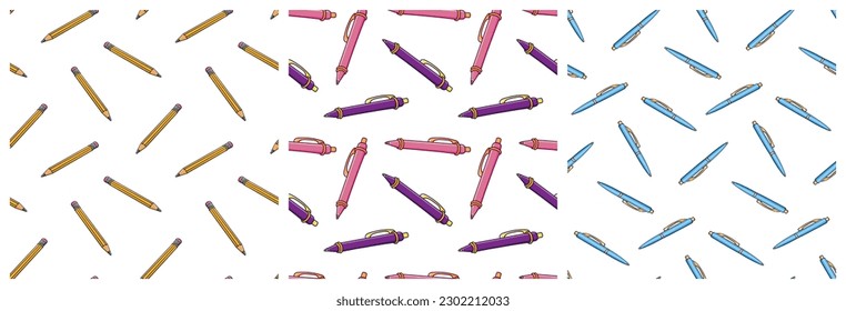 Set of seamless colored patterns with writing stationery elements doodle vector. Pencil with eraser, ballpoint pen.