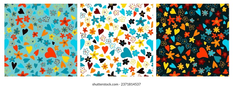 Conjunto de fondos sencillos y luminosos de colores sin fisuras. Ilustración vectorial. dibujo a mano. No IA, Illustrat3. Símbolos brillantes y textura de forma minimalista, collage de geometría.