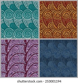 Set of seamless colorful ethnic patterns. Traditional tribal geometric ornament. Hand-drawn abstract wallpaper texture for website. EPS10 vector background.