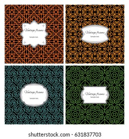 Set of seamless colorful geometric patterns with vintage frame. Vector illustration