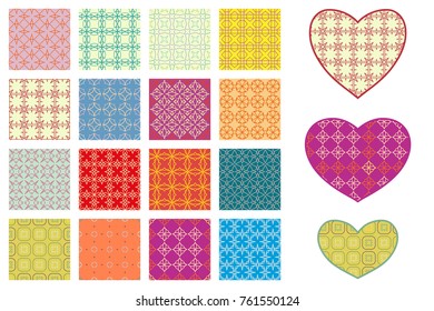 Set of seamless colorful geometric patterns and hearts collection. Endless texture for wallpaper, pattern fills, web page background, invitation cards. All backgrounds are included in swatches palette