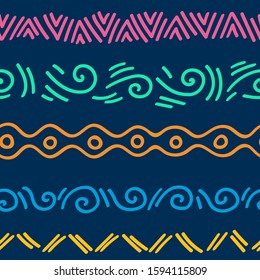 Set of seamless colorful hand-drawn borders. Five different patterns for website design, invitations, cards, children s books, cards. Pink, blue and orange patterns of tones, dashes, wavy lines