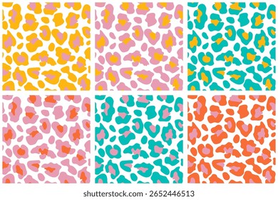 Set of seamless colorful leopard patterns in vibrant pastel and neon tones. Trendy animal prints for fashion, textile, wrapping paper or kids design.