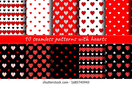Set of a seamless colorful pattern of hearts. Abstract geometric illustration. Creative design background for greeting card, for packaging, wallpaper, for prints, textiles, etc.