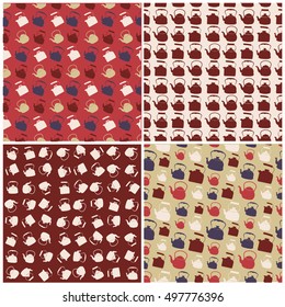 Set of seamless Colorful Pattern with Kettle. Vector background with different teapots. Endless kitchen texture.
