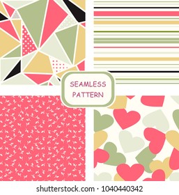 Set of seamless colorful pattern. Romantic cards