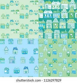 Set of seamless colorful patterns with houses. Background suitable for textile design, web page background, surface textures, wallpaper.