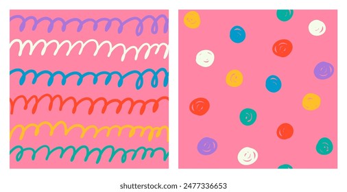 Set of seamless colorful patterns with multicolored round squiggles and lines on a pink background, hand drawn illustration