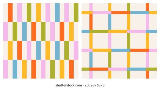 Set of seamless  colorful patterns of multicolored checkered lines and vertical stripes in a row on a light background, flat style