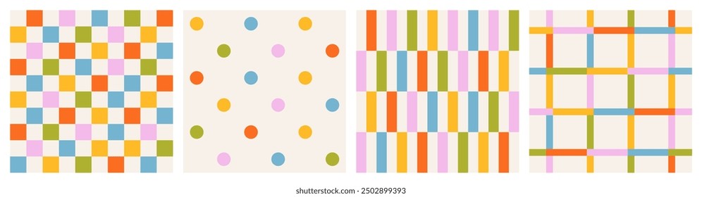 Set of seamless  colorful patterns of multicolored checkered lines and confetti, polka dots, checkerboard, striped pattern on a light background, flat style