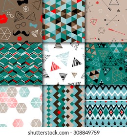 Set of seamless colorful retro patterns. Hipster geometric style design. Vector illustration.