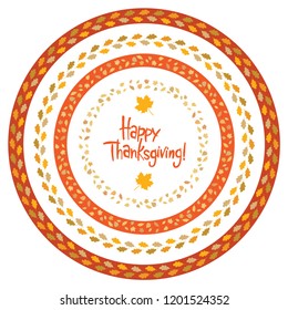 Set of seamless colorful round borders of various autumn foliage. Leaves of maple, oak, aspen, birch trees and dried meadow flowers. Pattern brushes are included in EPS file. Hand drawn lettering Happ