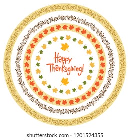 Set of seamless colorful round borders of various autumn foliage. Leaves of maple, oak, aspen, birch trees and dried meadow flowers. Pattern brushes are included in EPS file. Hand drawn lettering Happ
