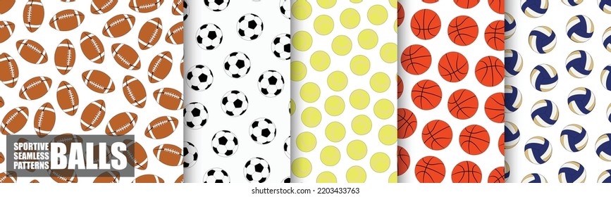 Set of seamless colorful sport patterns - hand drawn design. Repeatable backgrounds with game playing balls. Trendy sportive endless prints. Vector illustration