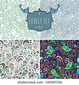Set of seamless  colorful  and turquoise texture with bright elements and bird. Fabric pattern