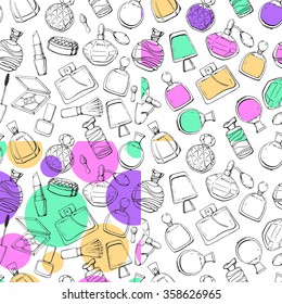 Set of seamless colorful vector patterns with perfume and cosmetics. Black and white linear hand drawn bottles. Sketch. Beauty vintage glass.
