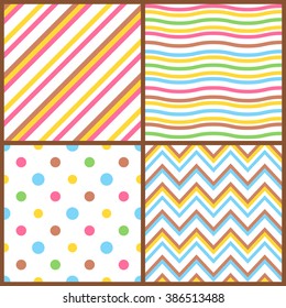 Set of seamless colorful vector patterns for easter eggs with polka dots, lines and chevron ornament