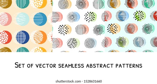 Set seamless colourful abstract vector pattern for background. Doodles hand drawing illustration. Hearts and plants organic product. Use for wrapping paper and fabrics, cards, stationery, bedding