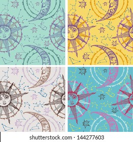 Set of seamless compositions with sun and moon