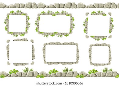 Set of seamless constructor old gray border with grass. Vector stone sidewalks for computer games isolated on white background.