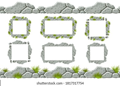 Set of seamless constructor old gray rock border and frames. Vector stone sidewalks with grass for computer games isolated on white background.