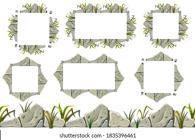 Set of seamless constructor old gray rock border and frames. Vector stone sidewalks with grass for computer games isolated on white background.