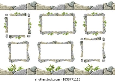 Set of seamless constructor old gray rock border and frames. Vector stone sidewalks with grass for computer games isolated on white background.