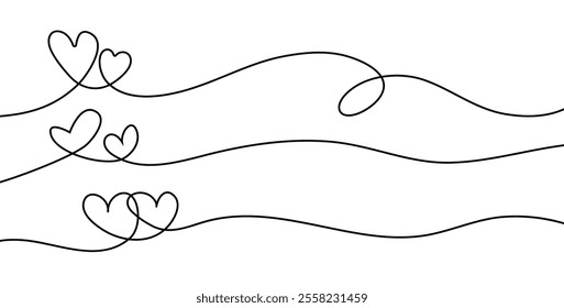 Set of seamless continuous line heart border on white background for valentines, women, mother day .