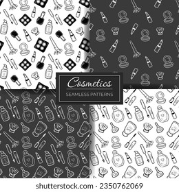 Set of seamless cosmetics patterns. Black and white pattern with cosmetics. Hand drawn cosmetic doodle