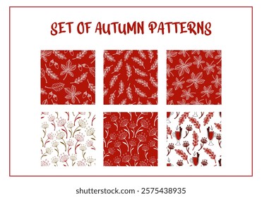 Set of seamless cozy autumn patterns with twigs, leaves, acorns, mulled wine - vector color doodle illustration for packaging design, fabric, paper