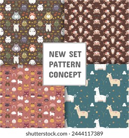 set of seamless cute animal patterns, Decorative backdrop for wallpaper, textile, wrapping, fabric print.