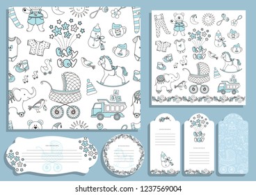 Set of seamless cute baby boy things, phrase with cheerful stars, toys and clothes, decorated tags and labels and card with baby things. Vector background.