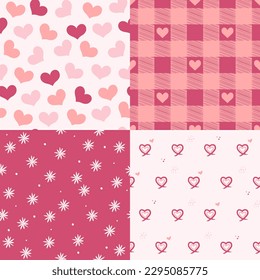 Set of seamless cute backgrounds in pink. Patterns in a cage and with hearts and flowers. Motives are scattered randomly. Vetor love texture for valentine's day. Pink template for fashion prints.