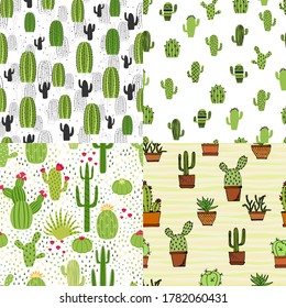 Set seamless cute cactus illustration. Tropical pattern of different cacti, aloe and flowers. Print for fabric, phone case and wrapping paper.
