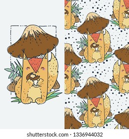 Set of seamless cute childish pattern and doodle cut image with hand drawn cute animals. Creative doodle kids texture for fabric, wrapping, textile, wallpaper, prints, apparel. Vector illustration
