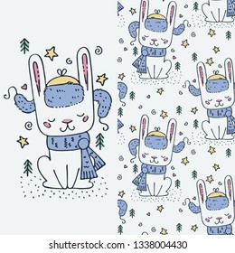 Set of seamless cute childish pattern and doodle cut image with hand drawn cute animals. Creative doodle kids texture for fabric, wrapping, textile, wallpaper, prints, apparel. Vector illustration