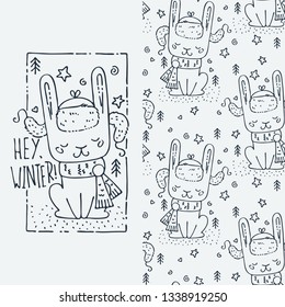 Set of seamless cute childish pattern and doodle cut image with hand drawn cute animals. Creative doodle kids texture for fabric, wrapping, textile, wallpaper, prints, apparel. Vector illustration