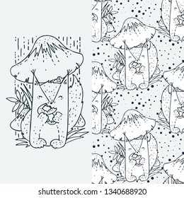 Set of seamless cute childish pattern and doodle cut image with hand drawn cute animals. Creative doodle kids texture for fabric, wrapping, textile, wallpaper, prints, apparel. Vector illustration