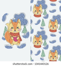 Set of seamless cute childish pattern and doodle cut image with hand drawn cute animals. Creative doodle kids texture for fabric, wrapping, textile, wallpaper, prints, apparel. Vector illustration