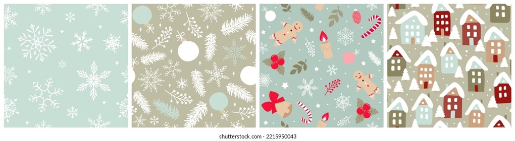 Set of seamless cute Christmas patterns. Modern flat vector illustrations for wrapping paper, fabrics.