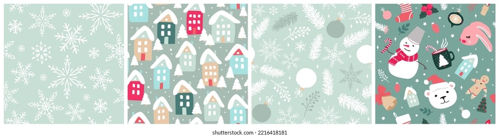 Conjunto de patrones de Navidad sin fisuras y lindos. Ilustraciones vectoriales planas modernas para envolver papel, tejidos.