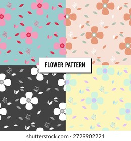 Set of seamless cute floral patterns in four color variations. Vector illustration for fabric, wallpaper, wrapping paper, packaging, branding and surface design.