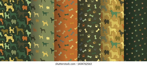 Set of seamless cute unusual patterns with cartoon dogs different breeds, bones and paws. Vector illustration.