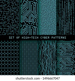 Set Of Seamless Cyber Patterns. Circuit Board Texture. Digital High Tech Style Vector Backgrounds.