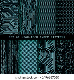 Set Of Seamless Cyber Patterns. Circuit Board Texture. Digital High Tech Style Vector Backgrounds.