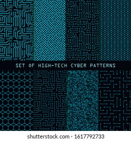 Set of seamless cyber patterns. Circuit board texture. Collection of digital high tech style vector backgrounds