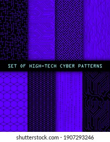 Set of seamless cyber patterns. Circuit board texture. Digital high tech style vector backgrounds.