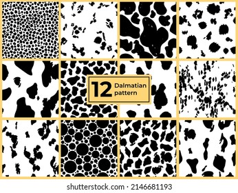 A set of seamless Dalmatian animal fur prints. Animal skin pattern. Stained background. Vector illustration. Random bovine spots hand-drawn. Texture banner with farm animals.