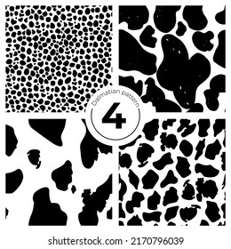 A set of seamless Dalmatian animal fur prints. Animal skin pattern. Stained background. Vector illustration. Random bovine spots hand-drawn. Texture banner with farm animals.