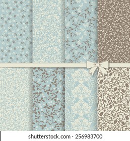 set of seamless damask patterns in blue and brown